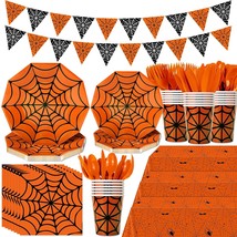 173Pcs Halloween Spider Web Party Supplies Orange Cobweb Disposable Tableware Se - £30.36 GBP