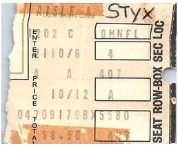 Styx Concert Ticket Stub October 12 1979 Indianapolis Indiana - £42.91 GBP