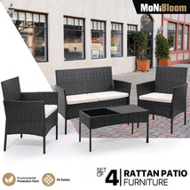4 Pieces Bistro Furniture Set PE Rattan Chairs Glass Coffee Table w/Seat... - £262.39 GBP