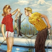 Vintage Postcard FISHING TIME Girl Miami Silk Embroidered Signed Elsi Gumier #1 - £19.89 GBP