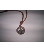 Leather & Steel Peace Sign Pendant on Leather Cord Necklace Brown New! - $11.95