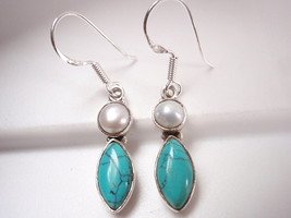 Cultured Pearl &amp; Turquoise Marquise 925 Sterling Silver Earrings Corona Sun - £10.78 GBP