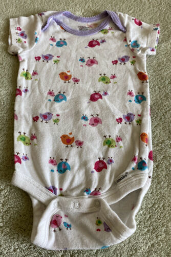 Gerber Girls White Purple Pink Green Blue Birds Short Sleeve Onesie 12 M... - $2.94