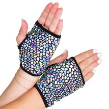 Iridescent Fingerless Gloves Open Finger Wrist Length Shiny Black Silver... - £17.82 GBP