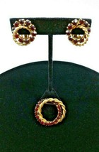 Vintage Textured Gold Tone Red Rhinestone Brooch Pin and Earrings Double Circle - £80.17 GBP