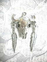 Tribal Buffalo Skull Concho with 2 Feathers American Pewter Pendant Adj Necklace - £10.94 GBP