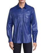 Soft Party Wear Casual Fit Men Shirt Blue Handmade Lambskin Leather Styl... - $2,185.63 MXN+