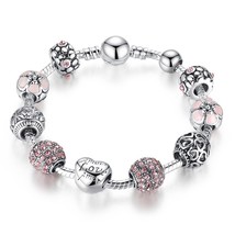 Silver Plated Charm Bracelet &amp; Bangle with Love and Flower Beads Women Wedding J - £13.28 GBP