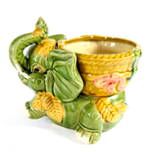 Vintage 1950s Ceramic Happy Elephant Trunk Up Good Luck Planter Basket Bow - £31.63 GBP