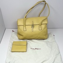 Vintage Salvatore Ferragamo Yellow Leather Gancini Flap Handbag Tote &amp; W... - $296.95