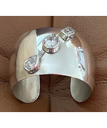 Sterling Silver CZ Wide Chunky Cuff Artisan Bracelet Vintage Modernist - £179.78 GBP