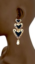 3.5&quot; Long Enameled Cascade Hearts Black Enamel Rhinestones Pierced Earrings - £15.18 GBP