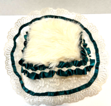 Rare Vintage Handmade Pin Cushion White Lace Green Ribbon Faux Fur 8 inch - $24.48