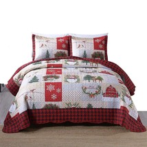 3 Piece Christmas Quilt Set, Rustic Lodge Deer Quilt Bedspread Throw Blanket Lig - £69.21 GBP