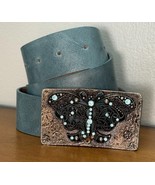 Vintage Butterfly Buckle Turquoise Jeweled Teal Leather Belt Women’s Med... - $762.50 MXN