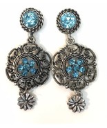 Silver Tone &amp; Sparkling Aqua Colored Rhinestone Dangle Earrings Medallio... - $13.00