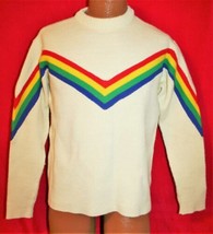 Vintage 70s Sears Sports Center Acrylic Rainbow Striped Cream Sweater Large - £59.34 GBP