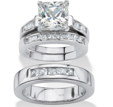 Princess Cz Bridal 3 Ring Set Band Platinum Sterling Silver 6 7 8 9 10 - £316.37 GBP