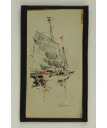 Vintage Original Art Two Tone Pencil Sketch by Owens CHINESE SAMPAN Ship - £16.41 GBP