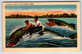 Fishing Linen Postcard Huge Exaggerated 2 Men Riding On Fish Unused Vintage - $13.73