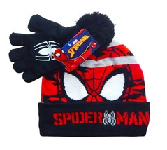 SPIDER-MAN Marvel Camo Cuffed Hat &amp; Gloves Set Knit Winter Pom Beanie Nwt $25 - £12.69 GBP