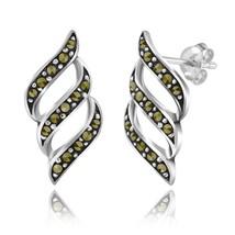 Geometric Wing Spiral Marcasite &amp; Sterling Silver Triple Curvy Row Stud Earrings - £13.01 GBP