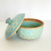 Vintage Celadon Blue Green Honeycomb Glazed Covered Bowl Lid Trinket Box 3.2&quot; - £44.06 GBP