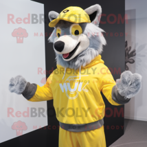 Lemon Yellow Say Wolf mascot costume character dressed with a Sweater and Beanie - $1,269.00