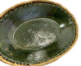 Artisan Pottery Oblong Serving Bowl in a Sweetgrass Basket, Green Glaze - £11.38 GBP