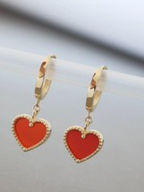 10ct Solid Gold Beaded Red Embellished Drop Heart Huggie Hoops Earrings, 9k, 10k - £126.26 GBP
