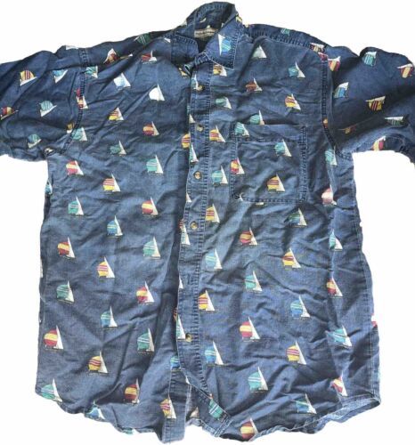 Primary image for Vintage Bugle Boy Mens Medium Short Sleeve Button Down Nautical Shirt Blue