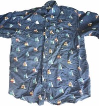 Vintage Bugle Boy Mens Medium Short Sleeve Button Down Nautical Shirt Blue - $9.50