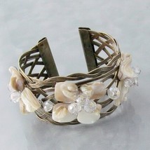 Vintage Sweet Light Brown Mother of Pearl Floral Bangle-Cuff - £19.10 GBP