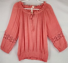 Adiva Shirt Womens Large Pink Ruffled Keyhole Neck Lace Trim Balloon Sle... - $14.25