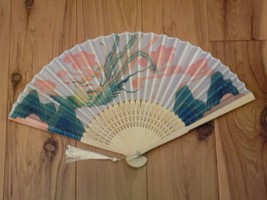 Japanese Art Print Silk Hand Folding Fan Fashion Decor Elegant Bird Scenery - £12.46 GBP