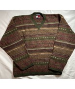 Tommy Hilfiger 100% Shetland Wool Green Plum Fair Isle V Neck Sweater XL... - £22.04 GBP