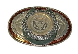 Vintage Belt Buckle w/ United States Half Dollar Coin Made in USA Horse Shoe image 3