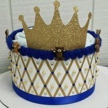 Teddy Bear Prince Royal Blue and Gold Themed Baby Shower 1 Tier Diaper Cake - £21.61 GBP