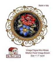 Vintage Pin Filigree Mico Mosaic Millefiori Floral Multicolor Brooch  Italy - $34.95