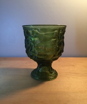 Vintage 60s EO Brody Avocado Green Depression Glass pedestal bowl