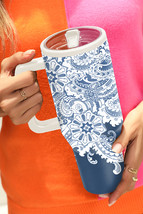 Sky Blue Vintage Pattern Print Stainless Steel Portable Cup 40oz - $500.73 MXN