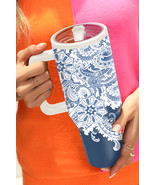 Sky Blue Vintage Pattern Print Stainless Steel Portable Cup 40oz - $489.82 MXN