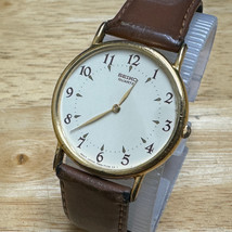 Vintage Seiko Quartz Watch 7N00-7A49 Men Gold Tone Leather Analog New Battery - £36.75 GBP