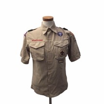 Boy Scouts Of America BSA Boy&#39;s Beige Button Down Uniform Shirt Patches Kid M B6 - £18.21 GBP