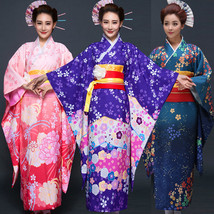 Japanese Traditional Women Floral Furisode Long Kimono Cosplay Costume H... - $66.99