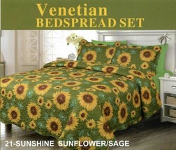 Venetian Sunshine Sunflowers Sage Bedspread Quilted Set 6 Pcs Cal King Size - £50.72 GBP