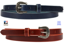Ladies Leather Belt - ¾&quot; Wide Two-Tone Blue Or Red &amp; Embossed Buckle Amish Usa - £43.15 GBP