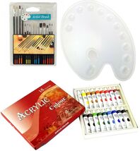 Painting Starter Kit 18 Color Acrylic Paints, 15 Brushes with Painters P... - $20.99