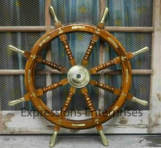 Steering Wooden Ship Wheel Captains Wheel 36&quot; Brass Handles Wall Décor Item - £166.78 GBP