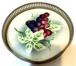Vintage Handpainted Ceramic Coaster Metal Rim Grapes Leaves Made in Germ... - $18.54